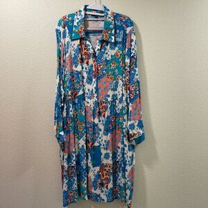 NEW TOLANI COLLECTION Long Sleeve "Patchwork" Floral Midi Dress Blue/Orange 1X